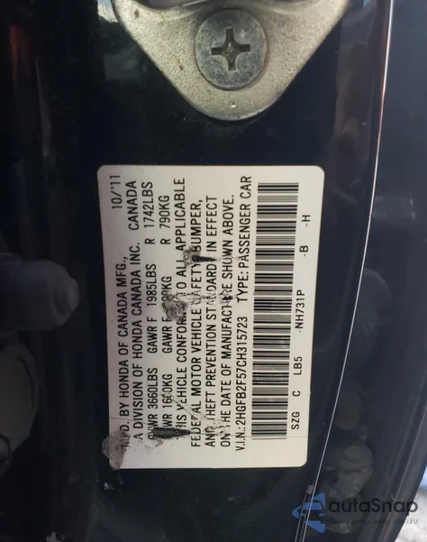 2012 Honda Civic Lx from USA, damaged, VIN 2HGFB2F57CH315723